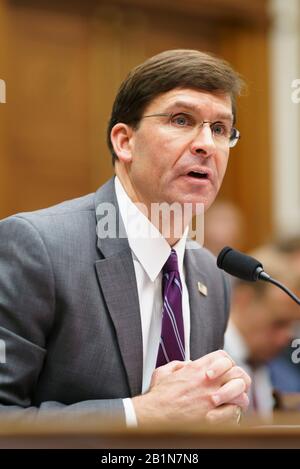 Washington, USA. 26th Feb, 2020. U.S. Secretary of Defense Mark Esper testifies before the House Armed Services Committee during a hearing on the Fiscal Year 2021 National Defense Authorization Budget Request from the Department of Defense on Capitol Hill in Washington, DC, the United States, on Feb. 26, 2020. Credit: Ting Shen/Xinhua/Alamy Live News Stock Photo