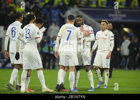 Lyon, France. 26th Feb, 2020. Joy of Lyon players after their victory of the Round of 16 of the Champions League Olympique Lyonnais against Juventus of Turin at the GroupeAma Stadium in Lyon - France.Lyon won 1-0 Credit: Pierre Stevenin/ZUMA Wire/Alamy Live News Stock Photo