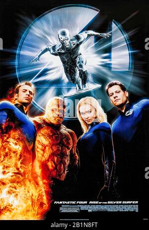 Fantastic 4: Rise of the Silver Surfer (2007) directed by Tim Story and starring Ioan Gruffudd, Michael Chiklis, Chris Evans, Julian McMahon and Jessica Alba. The powerful Silver Surfer helps the Fantastic Four against the cosmic entity Galactus that consumes whole planets. Stock Photo