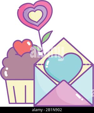 happy valentines day, mail card and cupcake hearts love flower vector illustration Stock Vector