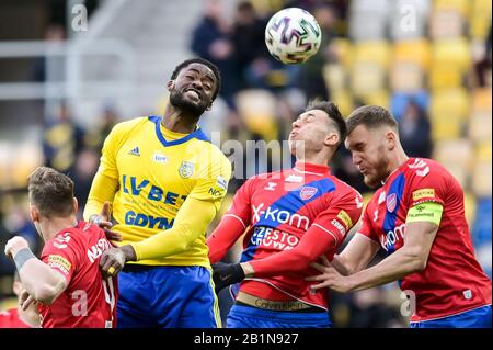 Christian Maghoma of Arka (L),  Jaroslaw Jach and (C) Tomas Petrasek (R) are seen in action during the Polish Ekstraklasa match between Arka Gdynia and Rakow Czestochowa in Gdynia.(Final score; Arka Gdynia 3:2 Rakow Czestochowa) Stock Photo