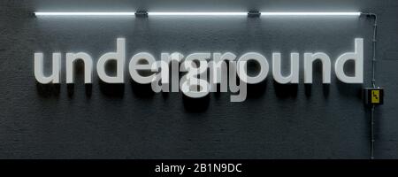3D computer graphic, grey wall lettering UNDERGROUND illuminated by neon light Stock Photo