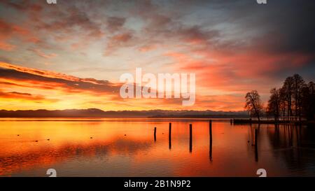 Lake Starnberg at sunset, Germany, Bavaria, Tutzing Stock Photo