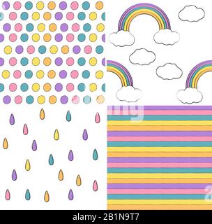 Seamless pattern set for unicorn theme vector illustration. Rainbow, rain, polka dots, stripes. Stock Vector