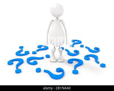 3D icon man in white color surrounded by blue question marks, Europe, Germany, Bavaria Stock Photo