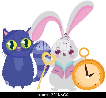 wonderland, cat and rabbit key clock cartoon characters vector illustration Stock Vector