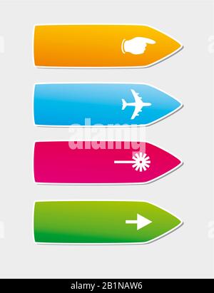 Computer graphic, modern direction signs in different colors against white background Stock Photo