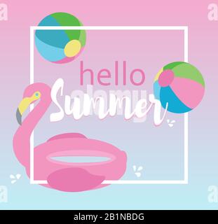 Hello Summer vector background with ball and flamingo. Stock Vector