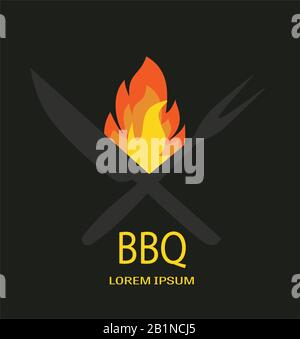 Barbecue icon logo vector. BBQ fire knife and fork on black backround. Stock Vector