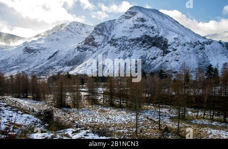 Snow covered Craig Mellon and Cairn Broadlands Munros situated at Glen Doll within the Cairngorms National Park in Scotland near Kirriemuir, UK Stock Photo