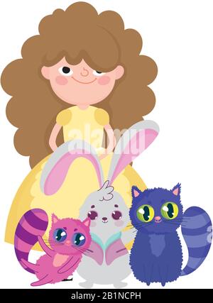 girl with cats and rabbit wonderland cartoon characters vector illustration Stock Vector