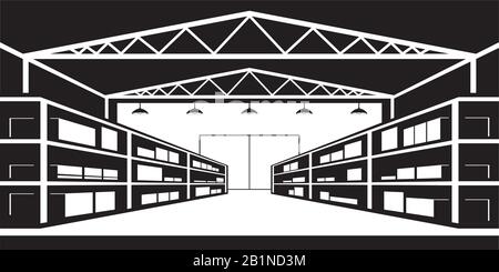 Industrial warehouse with shelves for goods – vector illustration Stock Vector