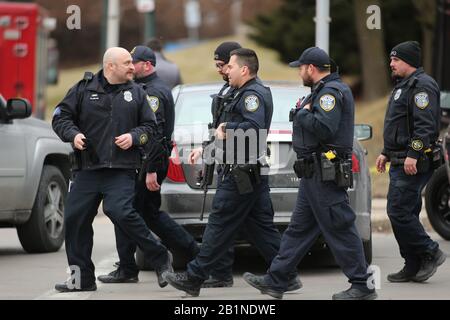 Milwaukee, Wisconsin, USA. 26th Feb, 2020. Police secure the area after an active shooter kills six and himself, at Miller Coors HQ in Milwaukee. In one of the worst shootings in Wisconsin history, six people were killed during a shooting rampage on the Milwaukee campus of Molson Coors. Credit: Pat A. Robinson/ZUMA Wire/Alamy Live News