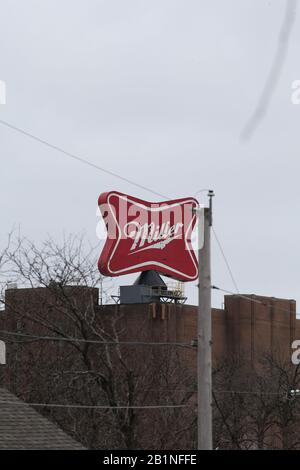 Milwaukee, Wisconsin, USA. 26th Feb, 2020. Miller brewing logo atop the Molson Coors campus in Milwaukee. In one of the worst shootings in Wisconsin history, six people were killed during a shooting rampage on the Milwaukee campus of Molson Coors on Wednesday afternoon. Credit: Pat A. Robinson/ZUMA Wire/ZUMAPRESS.com/Alamy Live News