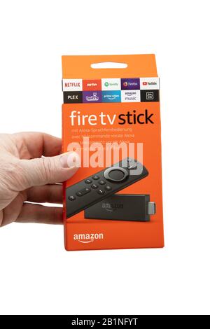 HUETTENBER, GERMANY - FEBRUARY 03, 2020: Amazon Fire TV stick. Amazon Fire TV Stick is a low cost version in a HDMI-stick format of Amazon Fire TV, An Stock Photo