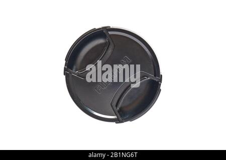 Tokyo, Japan - February 21, 2020: Original Fujifilm lens cap used for Fujinon lenses made by Fujifilm Holdings Corporation. Stock Photo