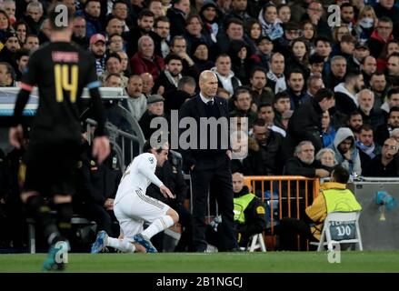 Madrid, Spain. 26th Feb, 2020. Madrid, Spain; 26/02/2020.- Real Madrid vs Manchester City 1st leg of Round 16 Champions League Match held at Santiago Bernabeu stadium, Madrid.Zinedine Zidane Real Madrid coach. Credit: Juan Carlos Rojas/Picture Alliance | usage worldwide/dpa/Alamy Live News Stock Photo