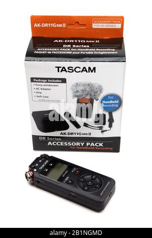 HUETTENBER, GERMANY - FEBRUARY 03, 2020: Box of Tascam DR-05X Digital Audio recorder. Portable field recorder on white background. Stock Photo