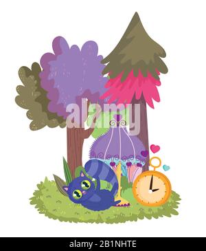 wonderland, cat lamp clock trees meadow cartoon vector illustration Stock Vector