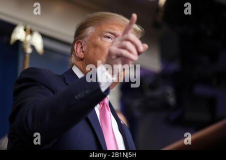 Washington, USA. 26th Feb, 2020. President Donald Trump joined by members of the coronavirus task force, speaks during a press conference in the James S. Brady Press Briefing Room on February 26, 2020 in Washington, DC. (Photo by Oliver Contreras/SIPA USA) Credit: Sipa USA/Alamy Live News Stock Photo