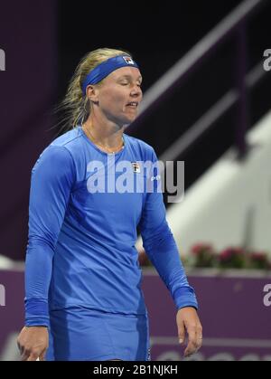 Doha, Qatar. 26th Feb, 2020. Kiki Bertens of the Netherlands reacts during the women's singles third round match against Zheng Saisai of China at the 2020 WTA Qatar Open in Doha, Qatar, Feb. 26, 2020. Credit: Nikku/Xinhua/Alamy Live News Stock Photo