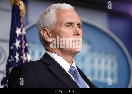 Washington, USA. 26th Feb, 2020. Vice President Mike Pence listens during a press conference in the James S. Brady Press Briefing Room on February 26, 2020 in Washington, DC. (Photo by Oliver Contreras/SIPA USA) Credit: Sipa USA/Alamy Live News Stock Photo