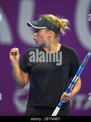 Doha, Qatar. 26th Feb, 2020. Yulia Putintseva of Kazakhstan reacts during the women's singles third round match against Belinda Bencic of Switzerland at the 2020 WTA Qatar Open in Doha, Qatar, Feb. 26, 2020. Credit: Nikku/Xinhua/Alamy Live News Stock Photo