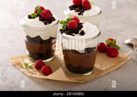 Chocolate layered dessert in a jar Stock Photo