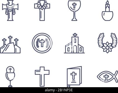 catholic and happy easter icons set over white background, flat style ...