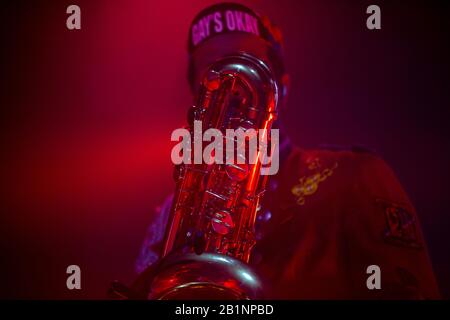 Porto, Portugal. 26th Feb, 2020. Self-described techno marching band from Germany, Meute, is seen performing live at Hard Club in Porto. Credit: SOPA Images Limited/Alamy Live News Stock Photo