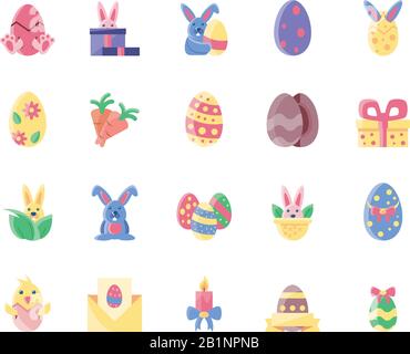 cute bunnies and happy easter concept of icons set over white background, flat style and colorful design, vector illustration Stock Vector