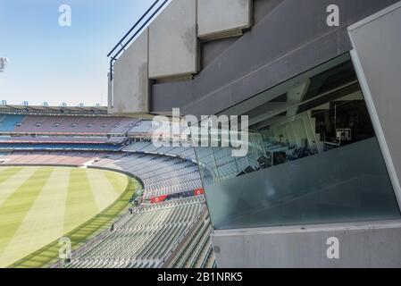 One of the TV and radio sports commentary broadcast boxes at the Melbourne Cricket Ground (MCG) as the field is being readied for a cricket test match Stock Photo
