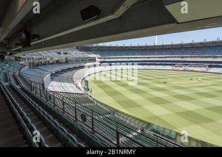 A view from the upper level back seats at the Melbourne Cricket Ground (MCG) as it is being prepared for an upcoming cricket test match Stock Photo