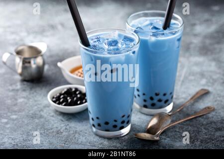 Butterfly pea milk bubble tea Stock Photo