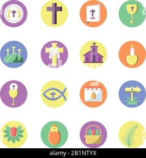catholic related icons and happy easter icons set over white background, block style icon, vector illustration Stock Vector