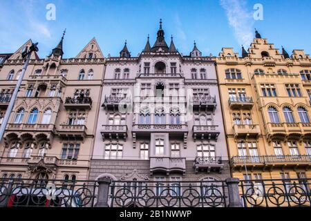 Buildings at Masarykovo nabrezi, Nove Mesto, Prague, Czech Republic, Europe Stock Photo