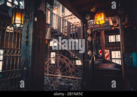 GONZALEZ CATAN, ARGENTINA, SEPTEMBER 28, 2019: Interior of the iron museum, an abandoned building in the amazing medieval town of Campanopolis, with Stock Photo