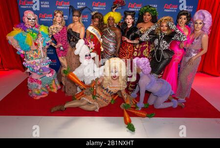 New York, NY - February 26, 2020: Drag Queens attend RuPaul’s Drag Race Season 12 Premiere Event at ViacomCBS - TRL Studios Stock Photo