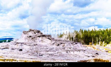 Steam coming out of the Castle Geyser in the Upper Geyser Basin along the Continental Divide Trail in Yellowstone National Park, Wyoming, United State Stock Photo