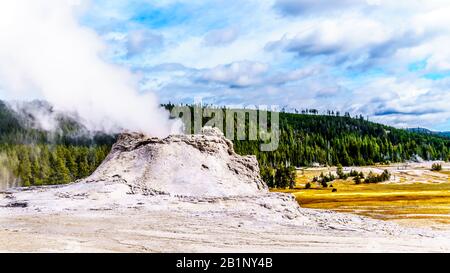 Steam coming out of the Castle Geyser in the Upper Geyser Basin along the Continental Divide Trail in Yellowstone National Park, Wyoming, United State Stock Photo