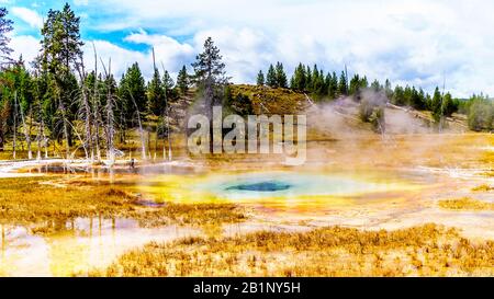 The Turquoise Water of the Culvert Geyser in the Upper Geyser Basin along the Continental Divide Trail in Yellowstone National Park, Wyoming, United S Stock Photo