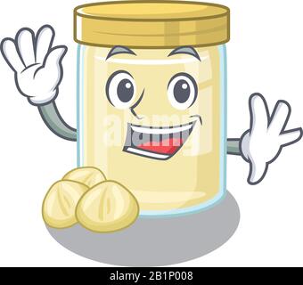 Waving friendly macadamia nut butter mascot design style Stock Vector