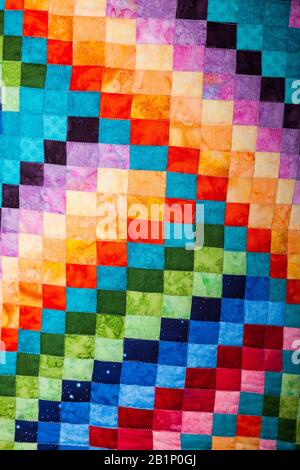 Vtg Handmade Patchwork Quilt Throw Bright Rainbow factory Colors Various Fabric