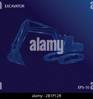 Tracked excavator wireframe mesh futuristic design concept vector illustration of construction equipment Stock Vector