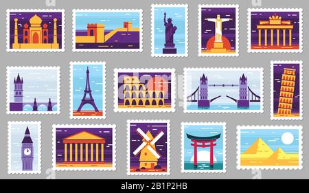 World cities post stamps. Travel postage stamp design, city attractions postcard and town vector illustration set Stock Vector