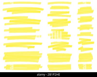 Highlight marker lines. Yellow text highlighter markers strokes, highlights marking vector set Stock Vector