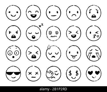 Hand drawn emoji. Doodle emoticons, smile face sketch and grunge ink brush emojis doodles vector set Stock Vector
