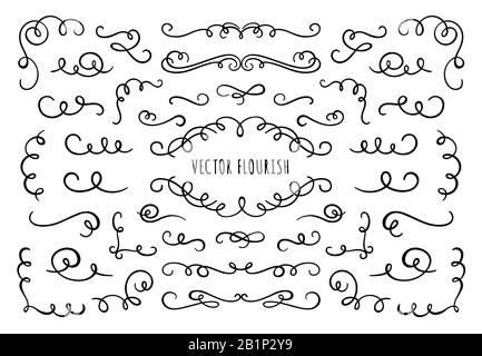 Flourish frame, corners and dividers. Decorative flourishes corner, calligraphic divider and ornate scroll swirls vector set Stock Vector