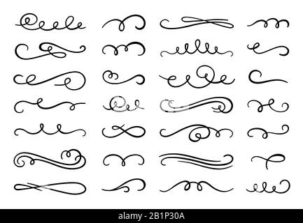 Calligraphy flourish. Decorative flourishes ornament, ornamental swirl and vintage scrolls curls vector set Stock Vector