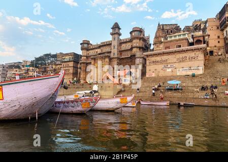 View of BrijRama Palace on Darbhanga Ghat in morning. Varanasi. India Stock Photo